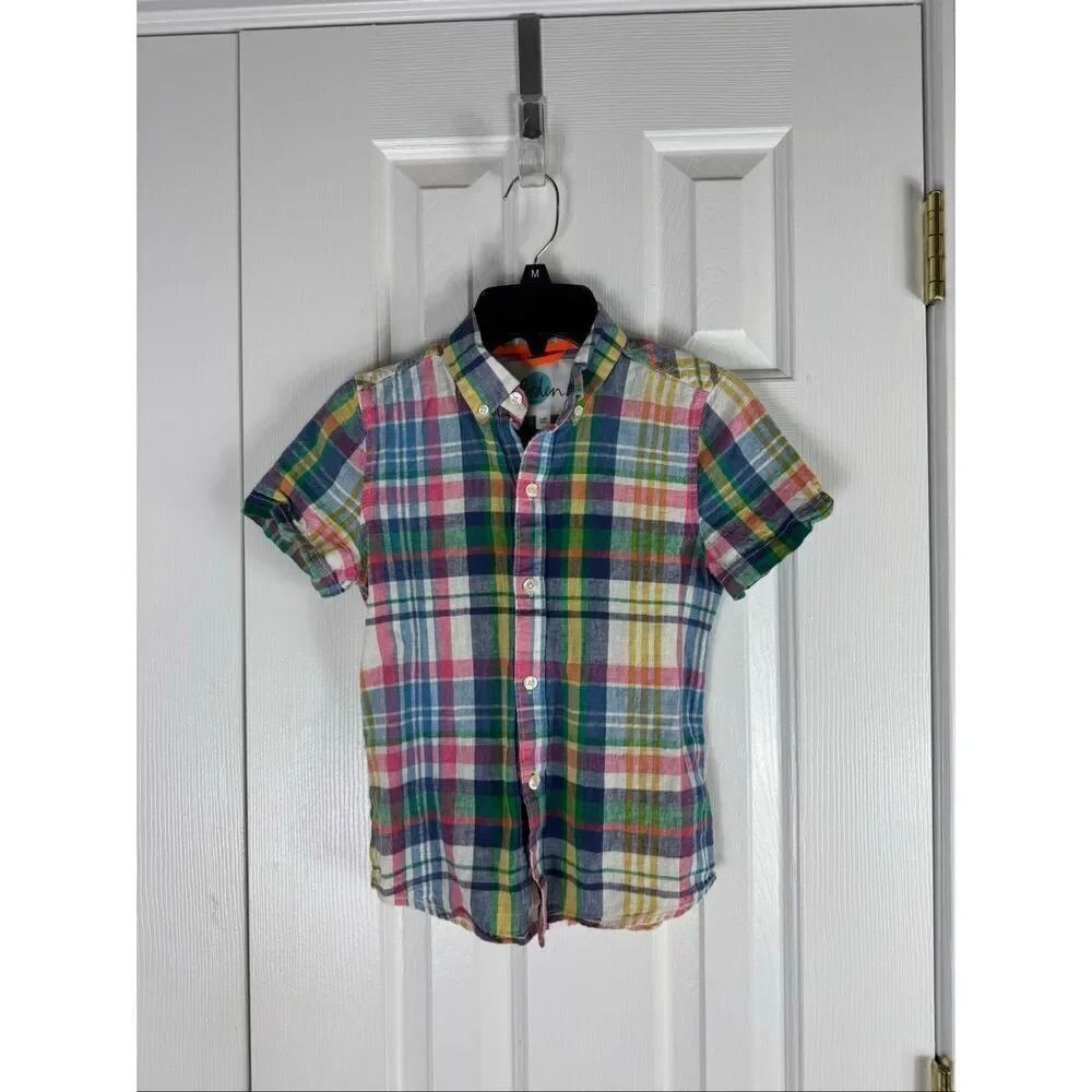 Boden Boys Plaid Linen Button Front Shirt Size 7/8